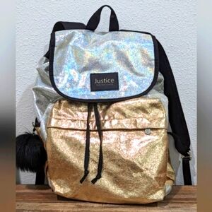 Justice gold silver and black backpack